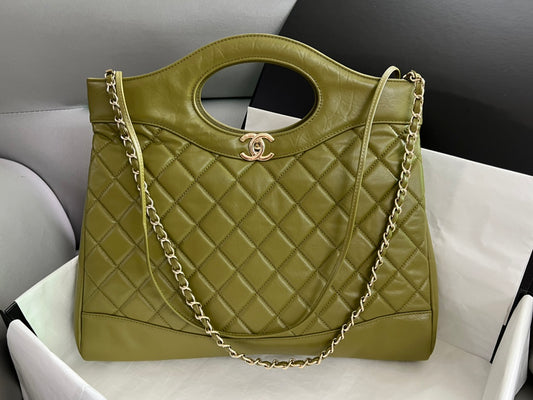 Chanel 31 Large Shopping Bag Olive Green Quilted Lambskin Gold-Tone Hardware