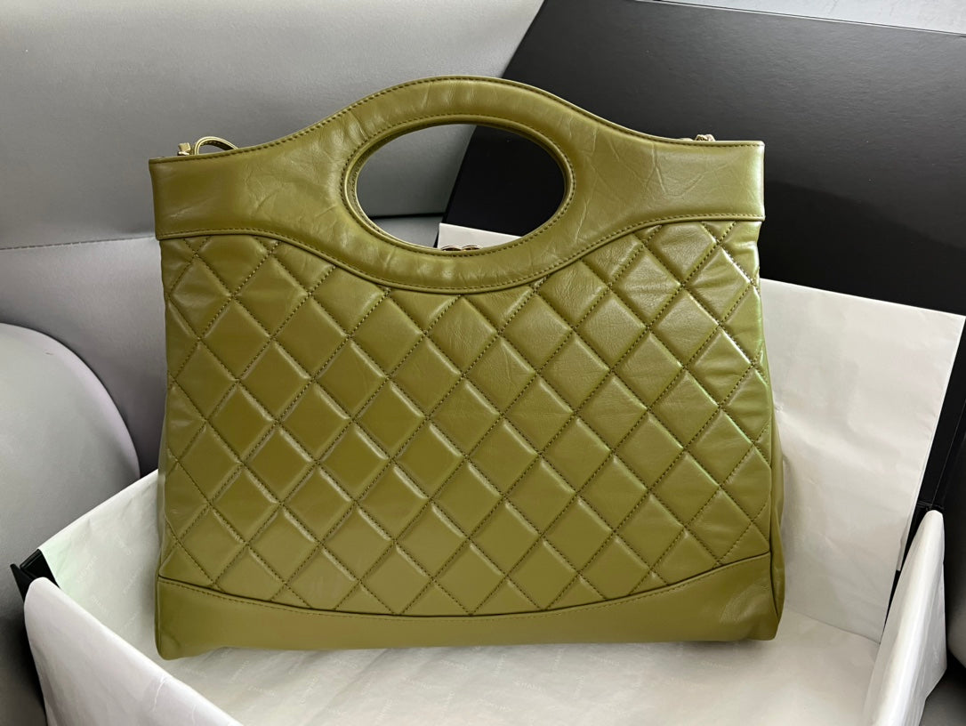 Chanel 31 Large Shopping Bag Olive Green Quilted Lambskin Gold-Tone Hardware