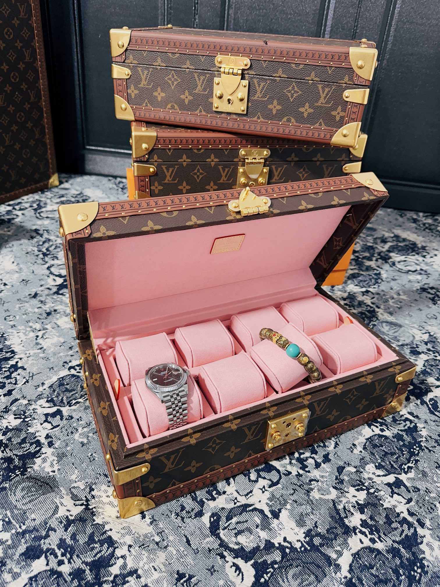 Vintage Monogram Canvas 8-Slot Watch Box Organizer with Pink Lining