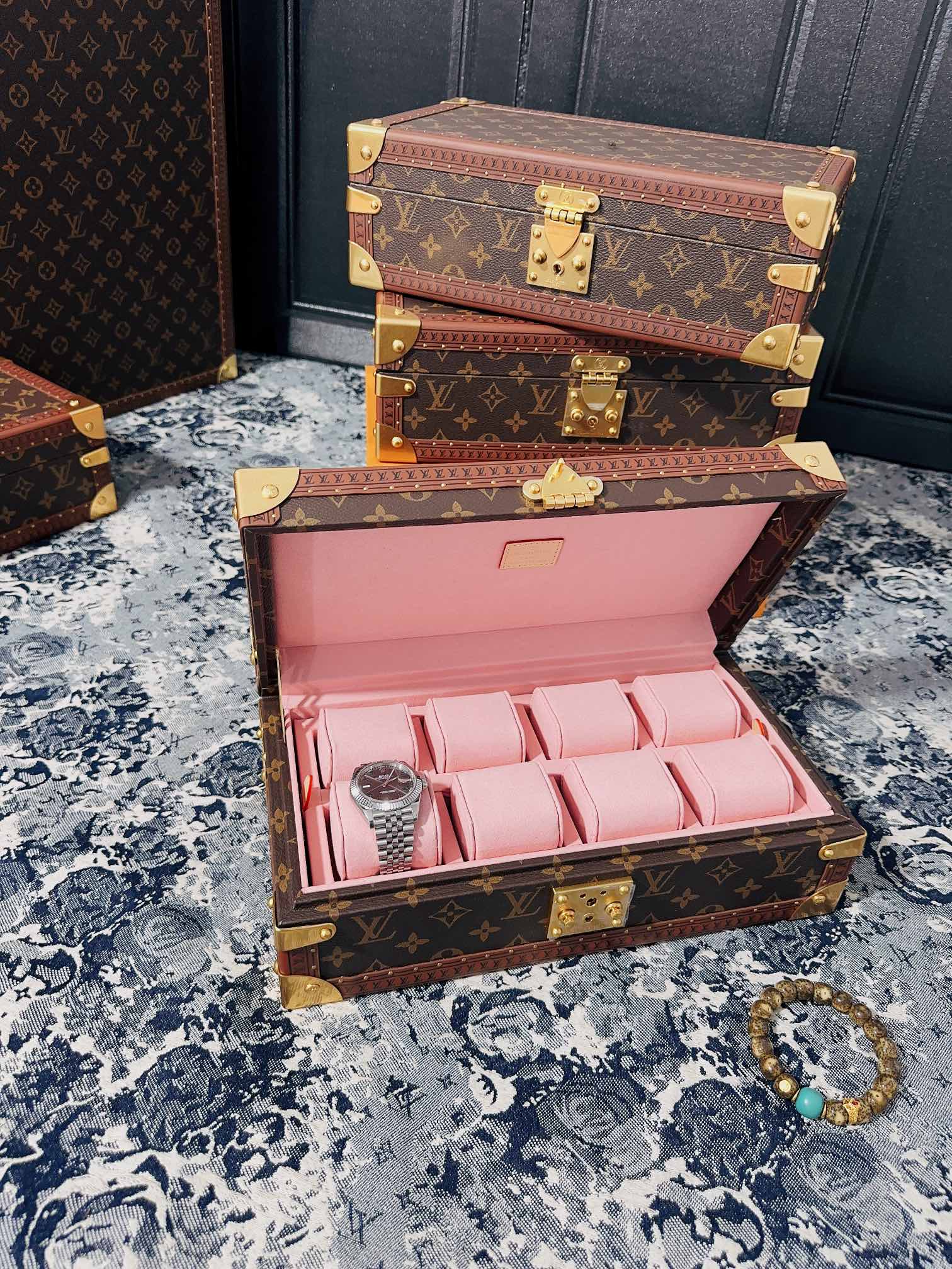 Vintage Monogram Canvas 8-Slot Watch Box Organizer with Pink Lining