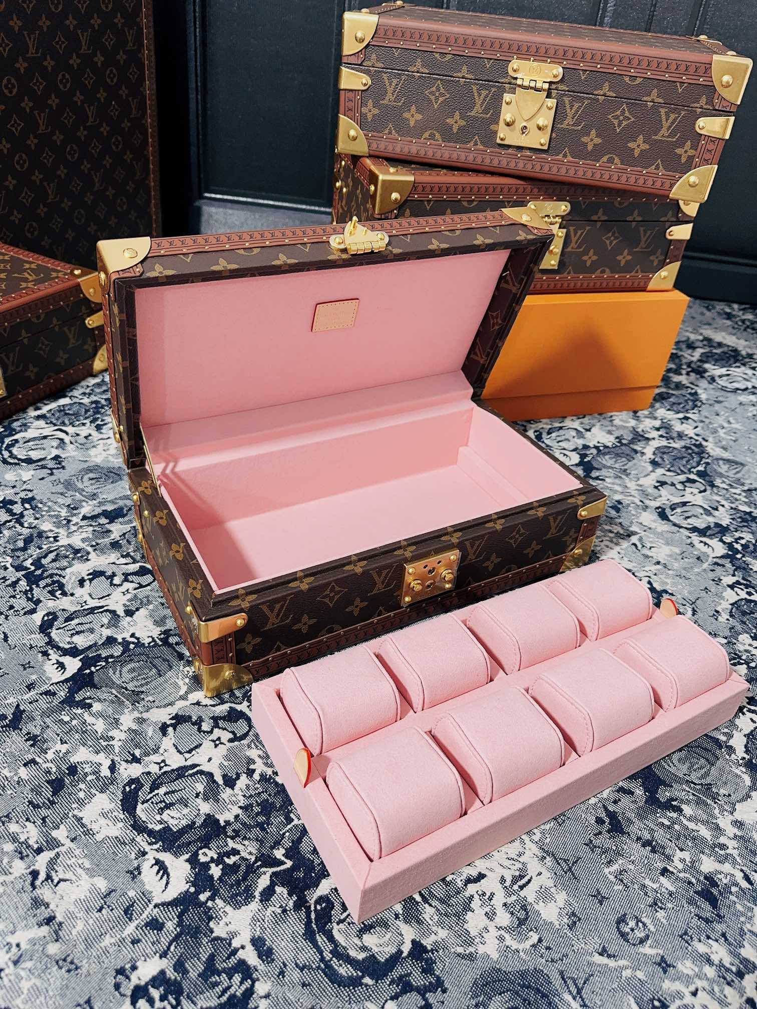 Vintage Monogram Canvas 8-Slot Watch Box Organizer with Pink Lining