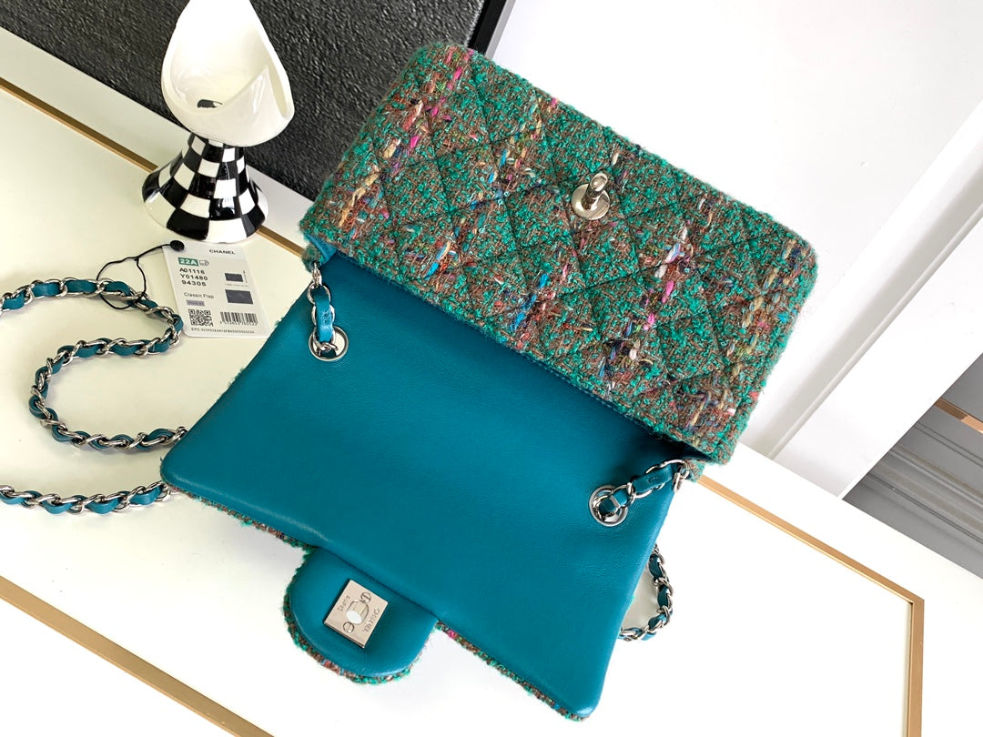 Chanel Classic Flap Bag - Green Quilted Tweed with Silver-Tone Hardware