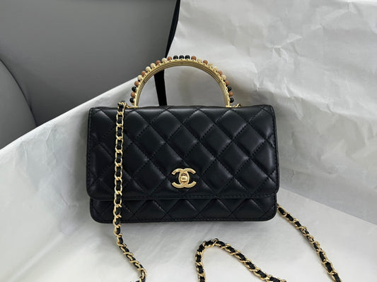 Chanel Small Flap Bag with Top Handle - Black Quilted Leather Gold Hardware