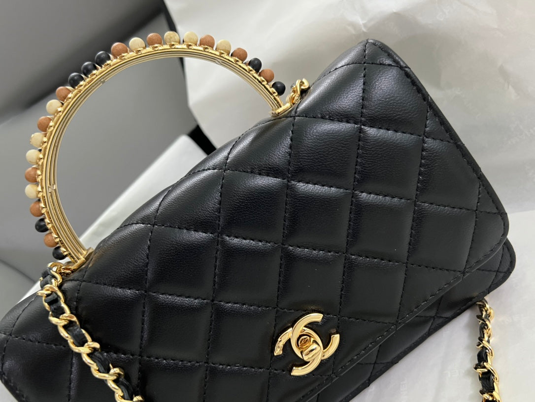 Chanel Small Flap Bag with Top Handle - Black Quilted Leather Gold Hardware