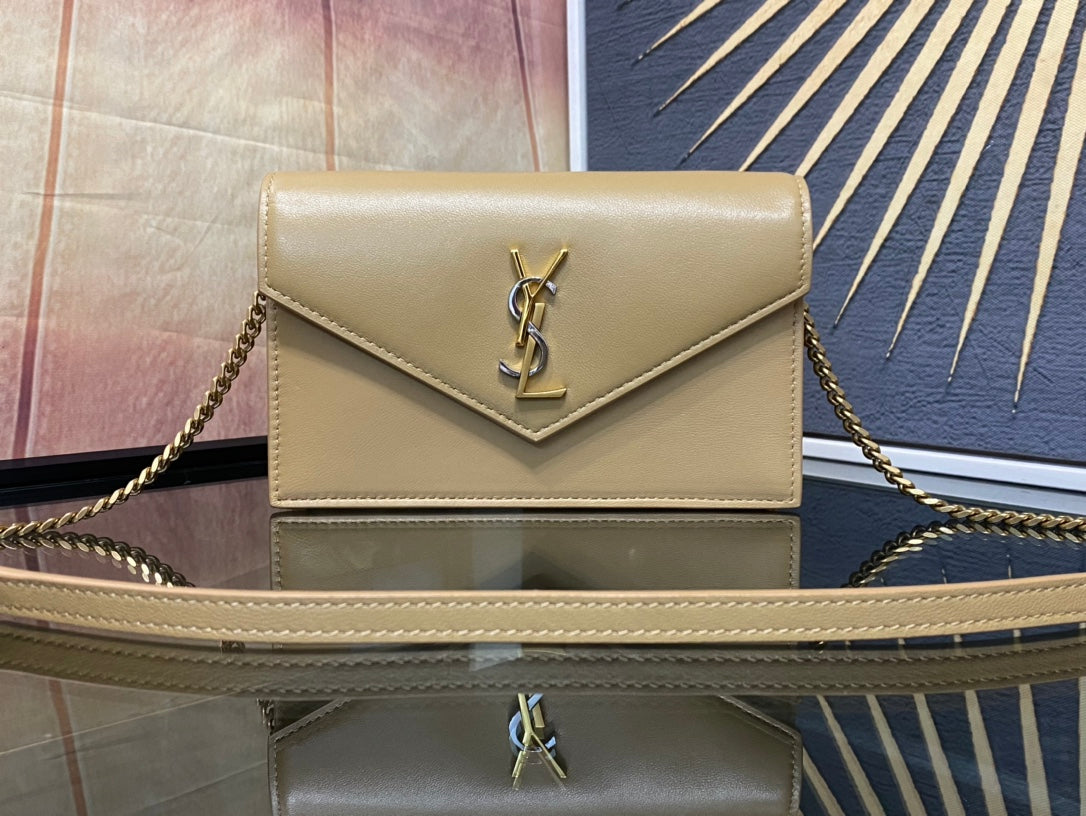 Saint Laurent Cassandre Wallet on Chain in Tan Smooth Leather