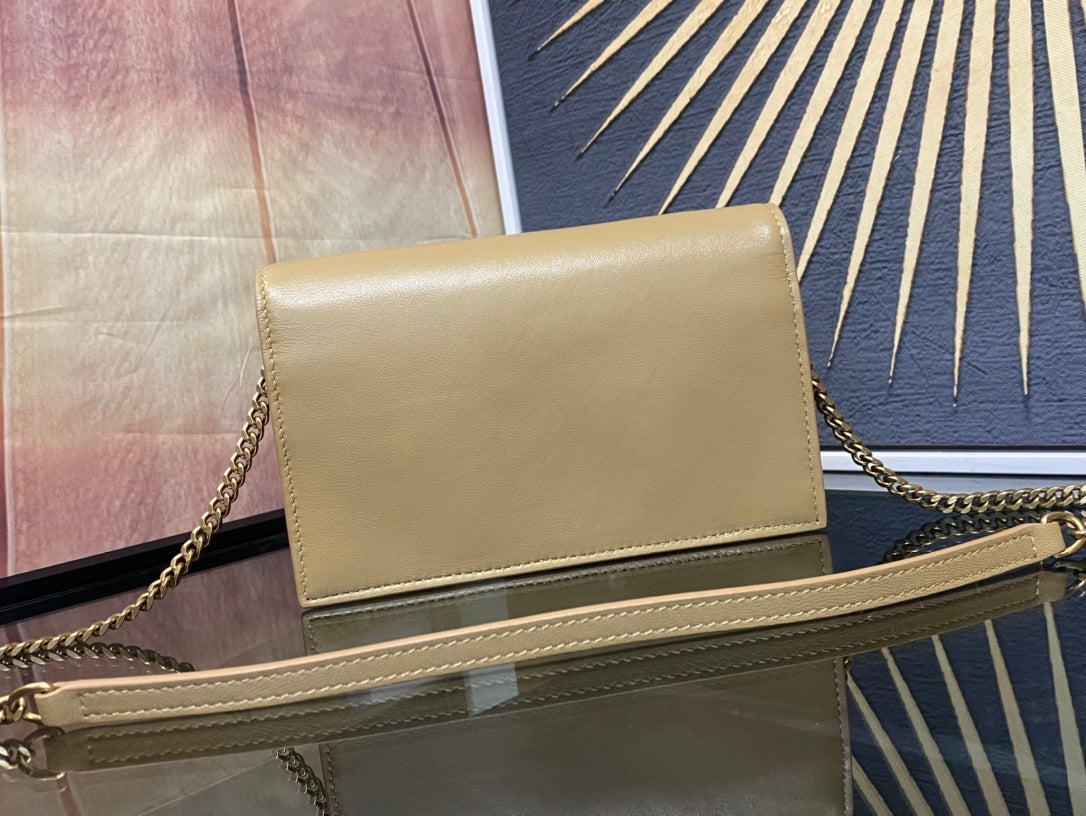 Saint Laurent Cassandre Wallet on Chain in Tan Smooth Leather