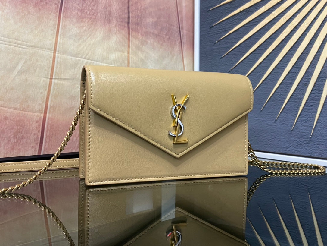 Saint Laurent Cassandre Wallet on Chain in Tan Smooth Leather