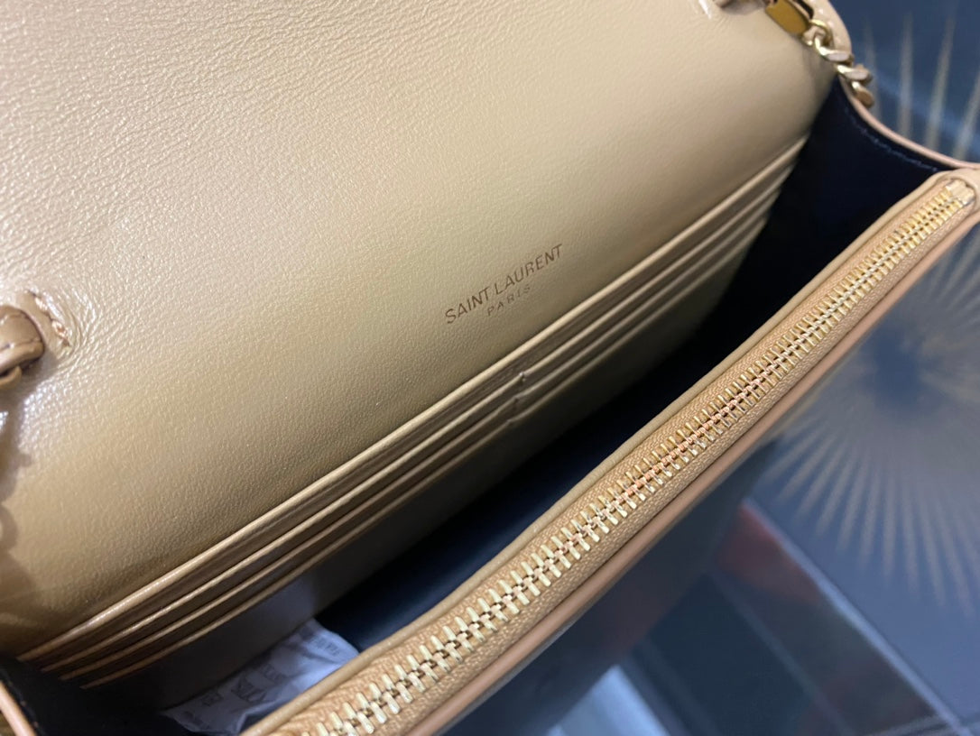 Saint Laurent Cassandre Wallet on Chain in Tan Smooth Leather