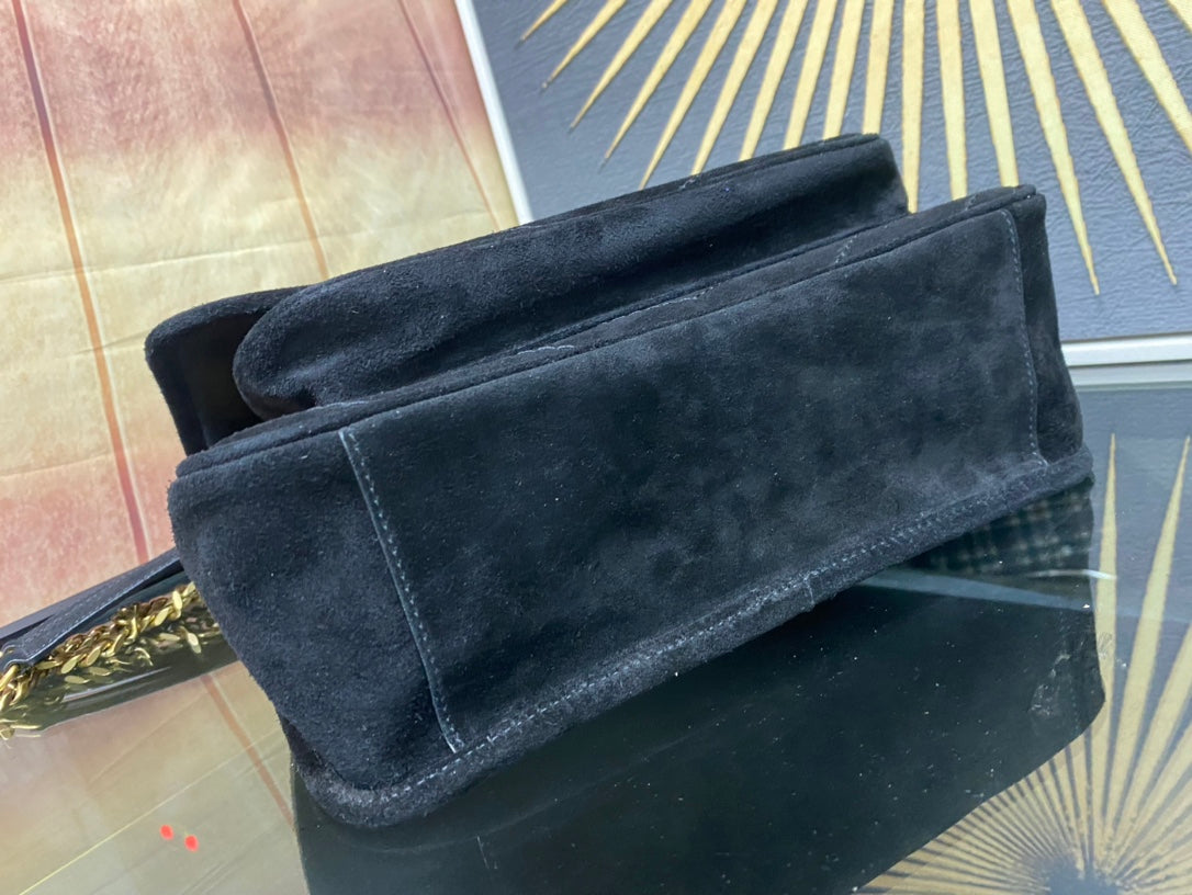 Saint Laurent Loulou Medium Shoulder Bag in Black Quilted Suede with Silver Hardware