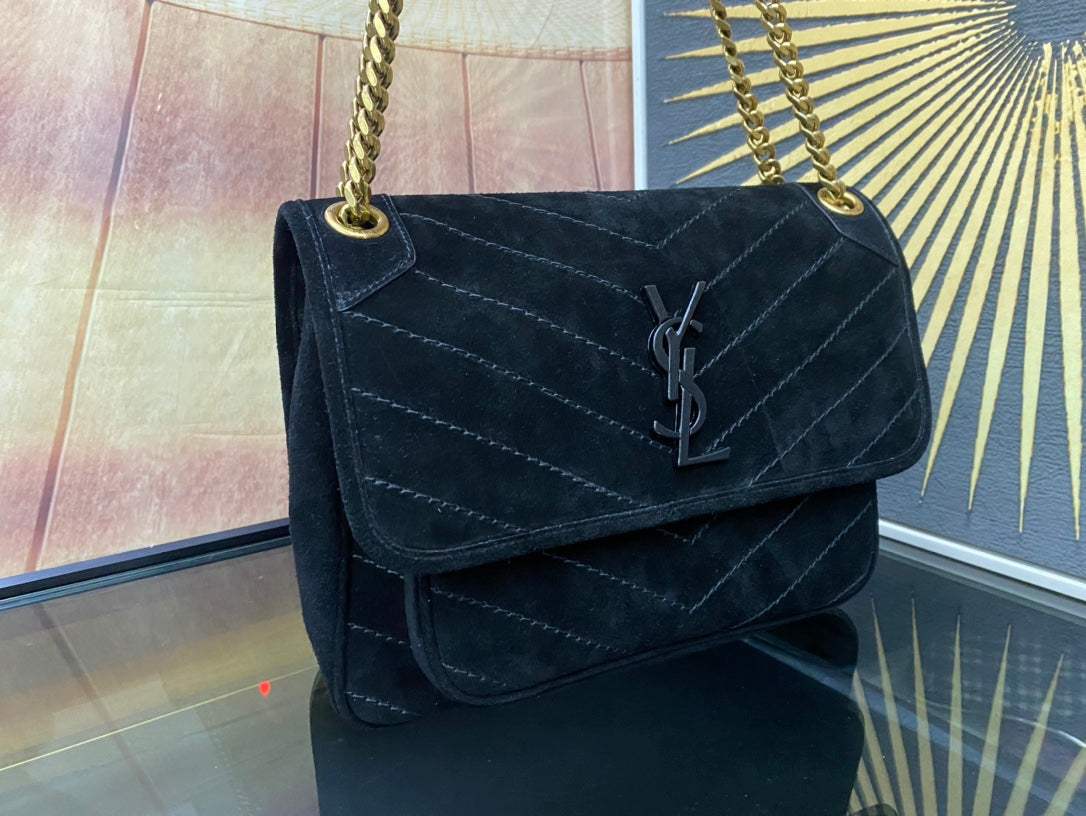 Saint Laurent Loulou Medium Shoulder Bag in Black Quilted Suede with Silver Hardware