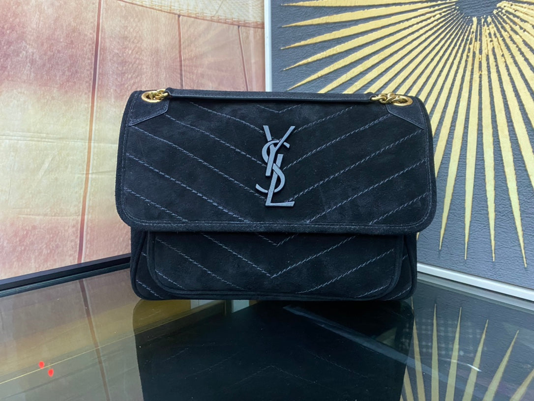 Saint Laurent Loulou Medium Shoulder Bag in Black Quilted Suede with Silver Hardware