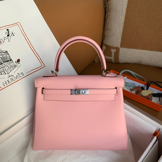 Hermès Kelly 25 Sellier Pink Epsom Leather Palladium Hardware Handbag