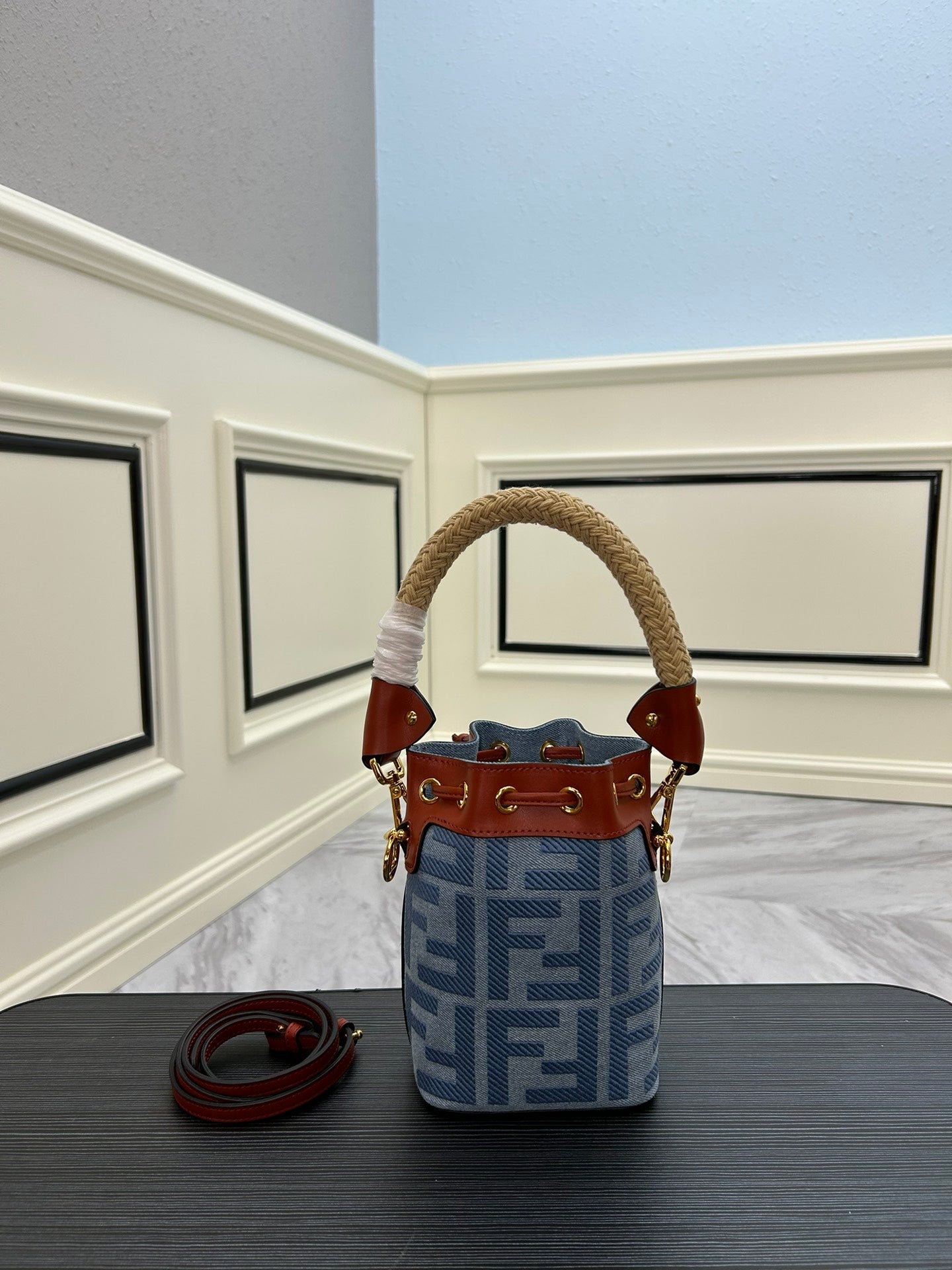 Designer Style Mini Monogram Bucket Bag - Blue Canvas &amp; Brown Leather - 18cm