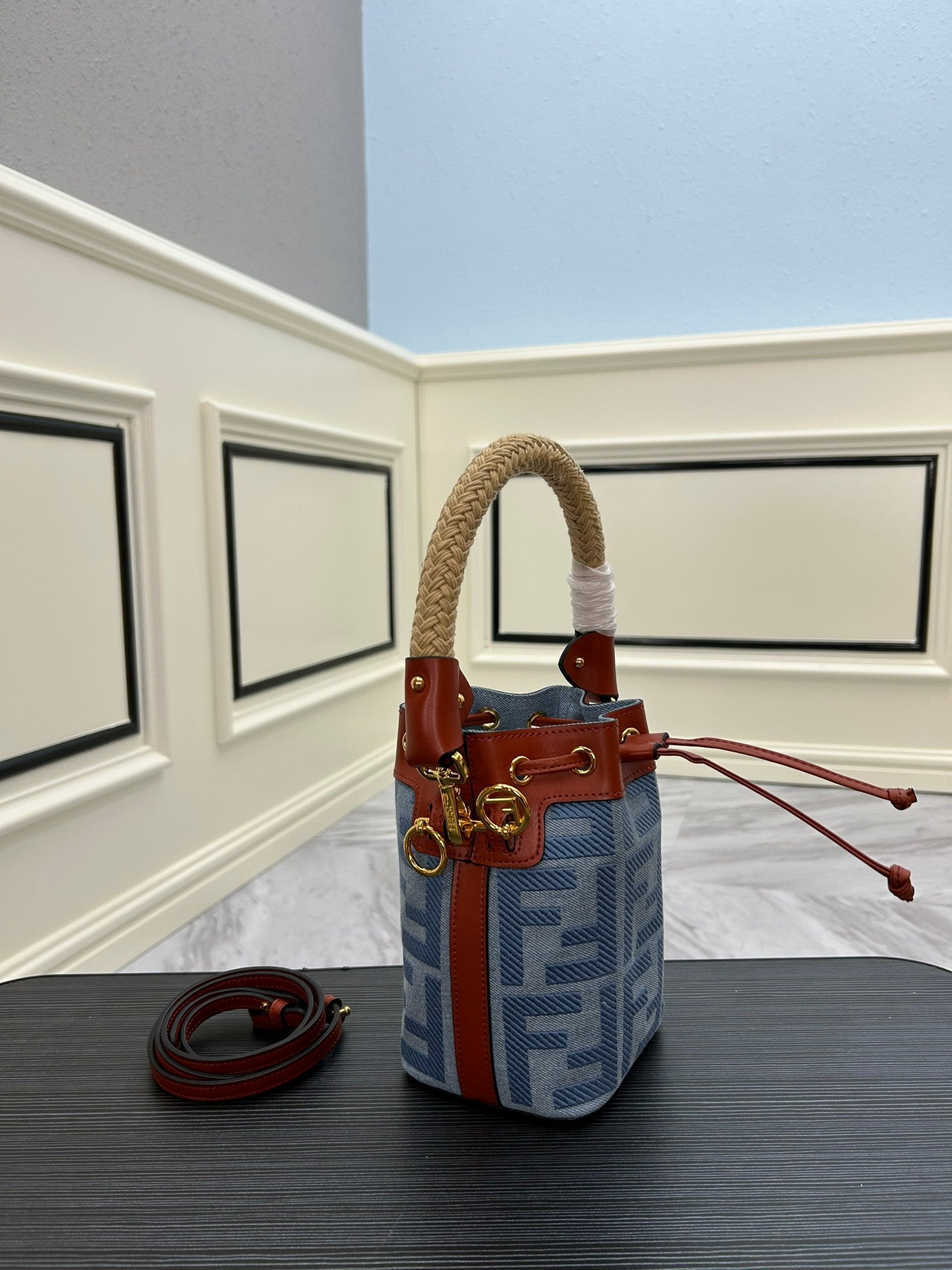 Monogram Mini Bucket Bag - Blue and Tan Drawstring Handbag with Woven Handle