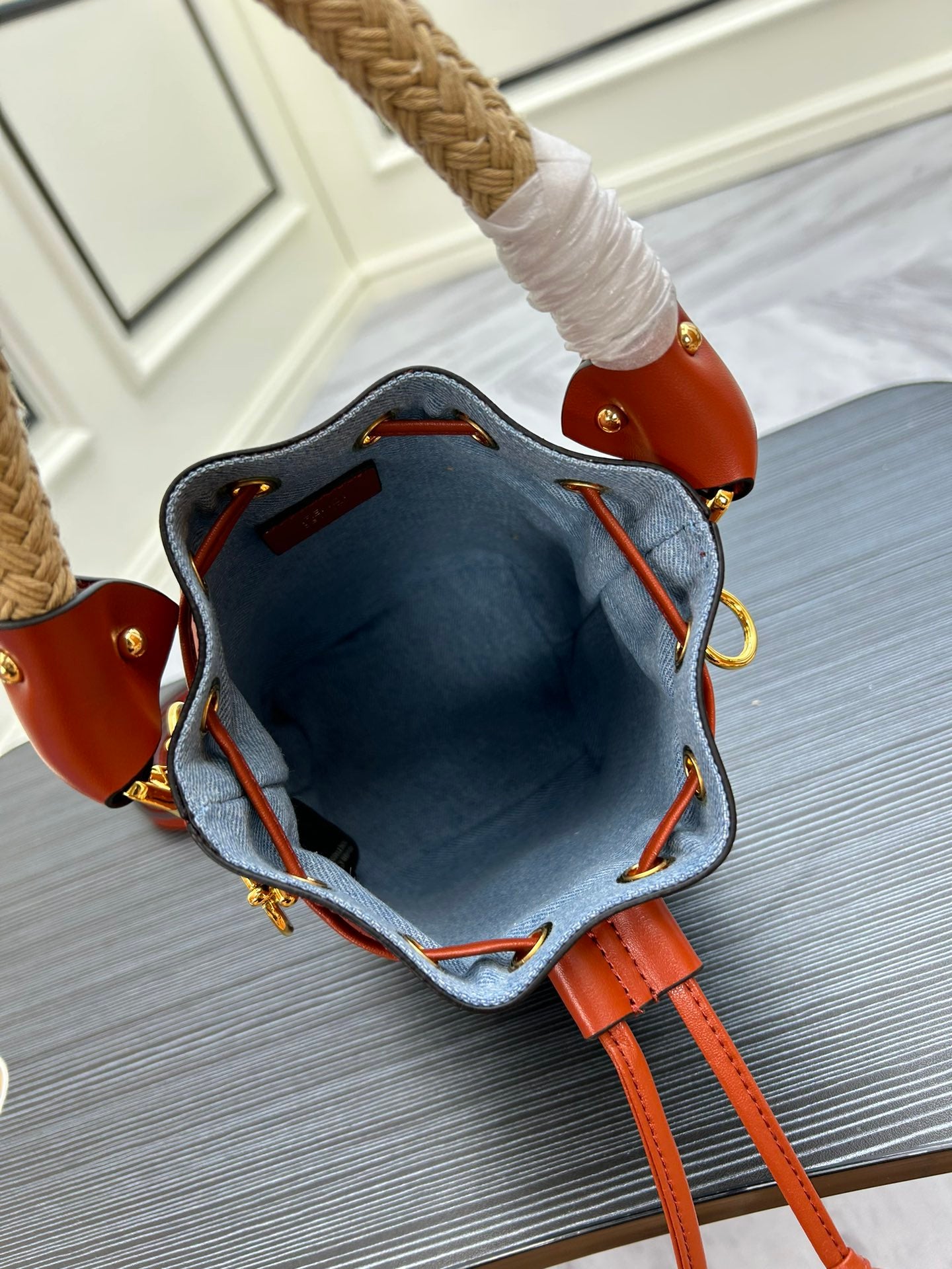 Monogram Mini Bucket Bag - Blue and Tan Drawstring Handbag with Woven Handle