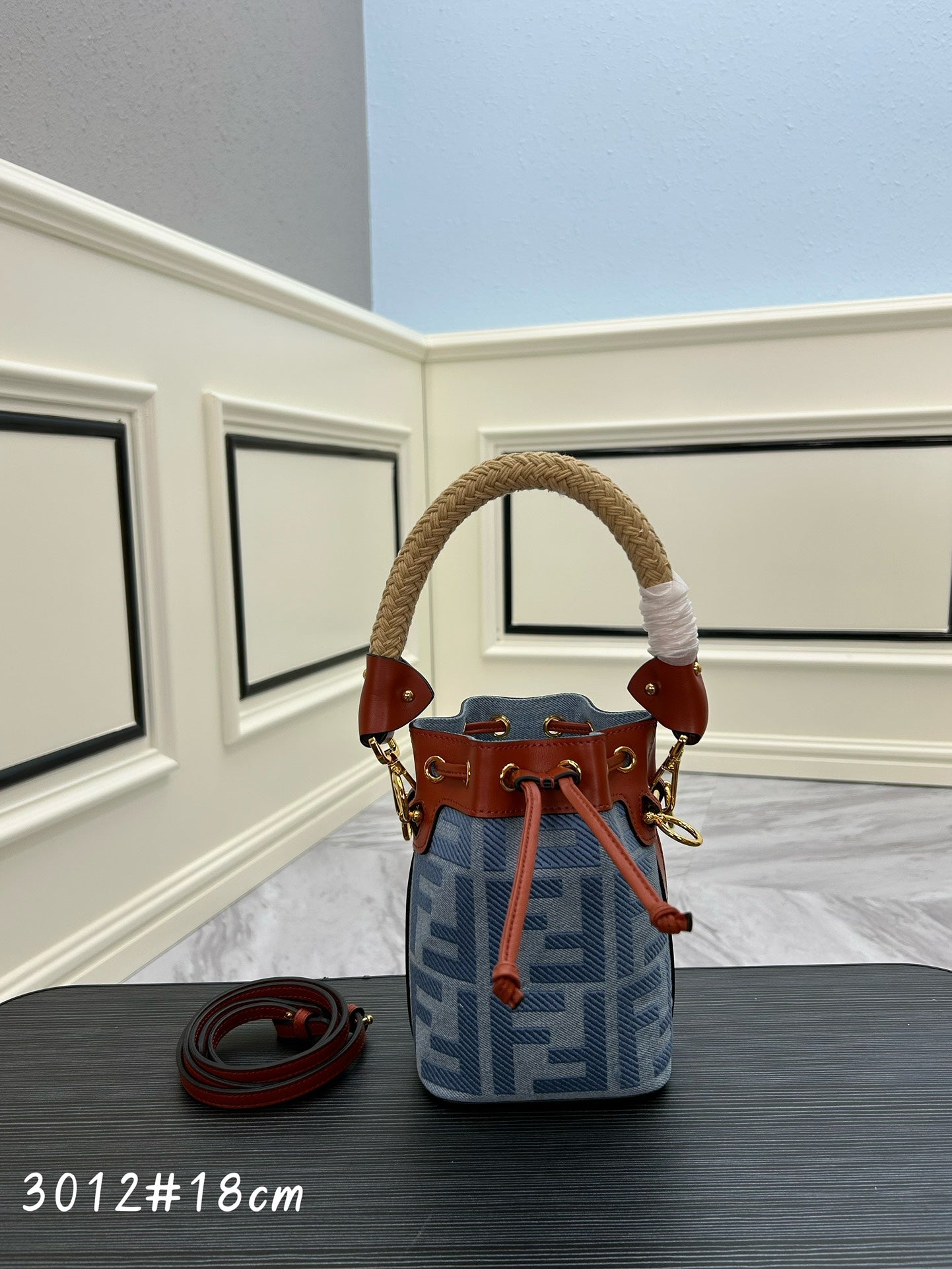 Monogram Mini Bucket Bag - Blue and Tan Drawstring Handbag with Woven Handle