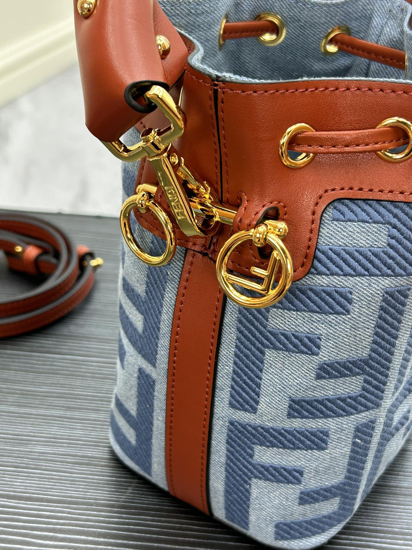 Monogram Mini Bucket Bag - Blue and Tan Drawstring Handbag with Woven Handle