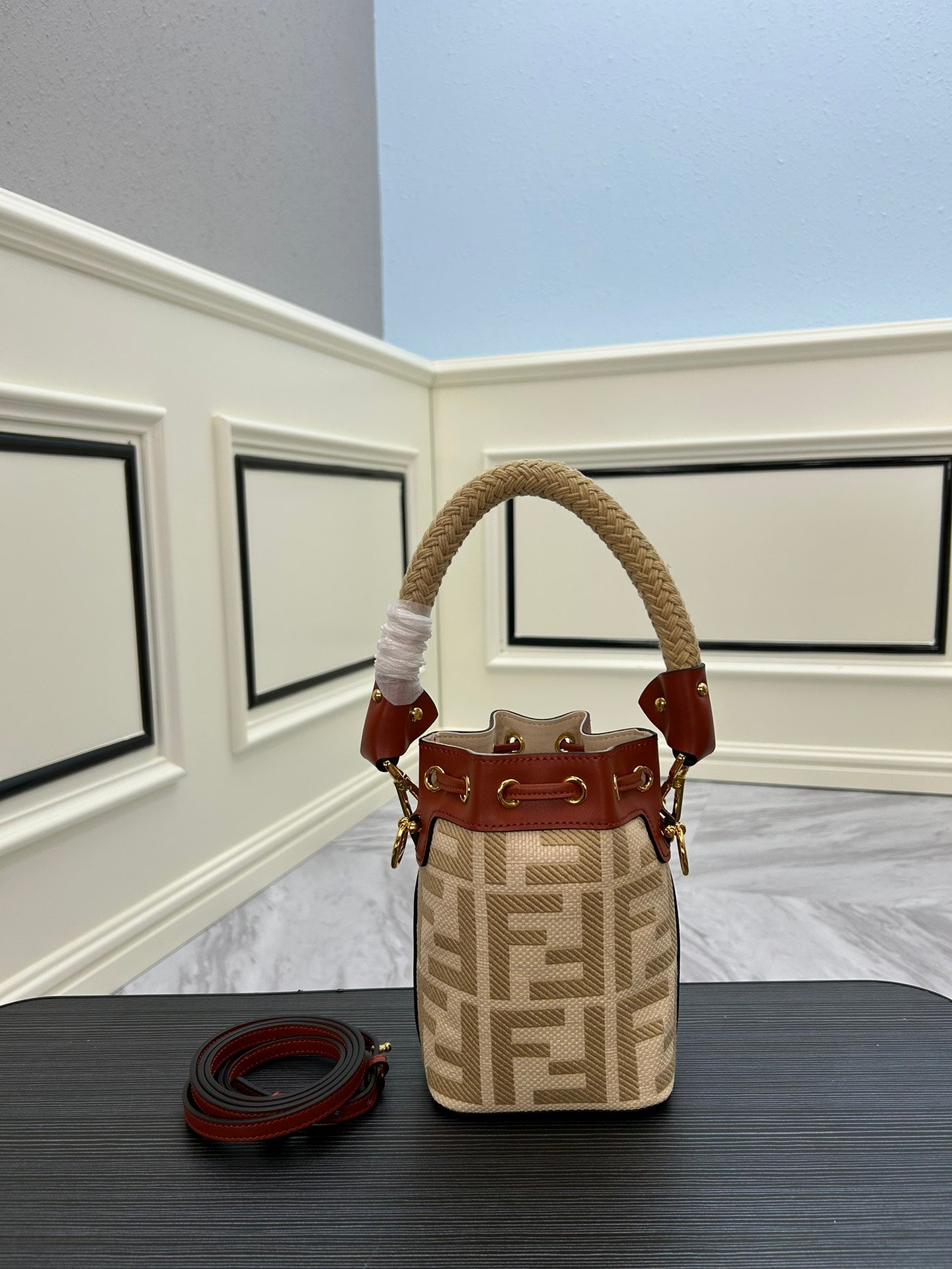 FF Logo Monogram Mini Bucket Bag with Drawstring and Top Handle - 18cm
