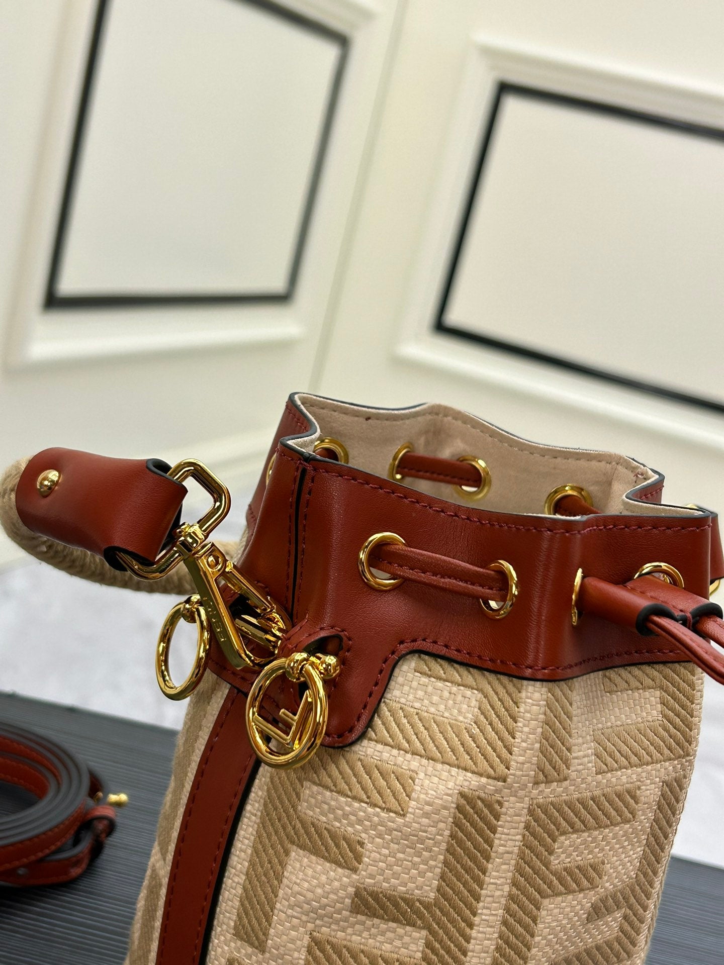 FF Logo Monogram Mini Bucket Bag with Drawstring and Top Handle - 18cm