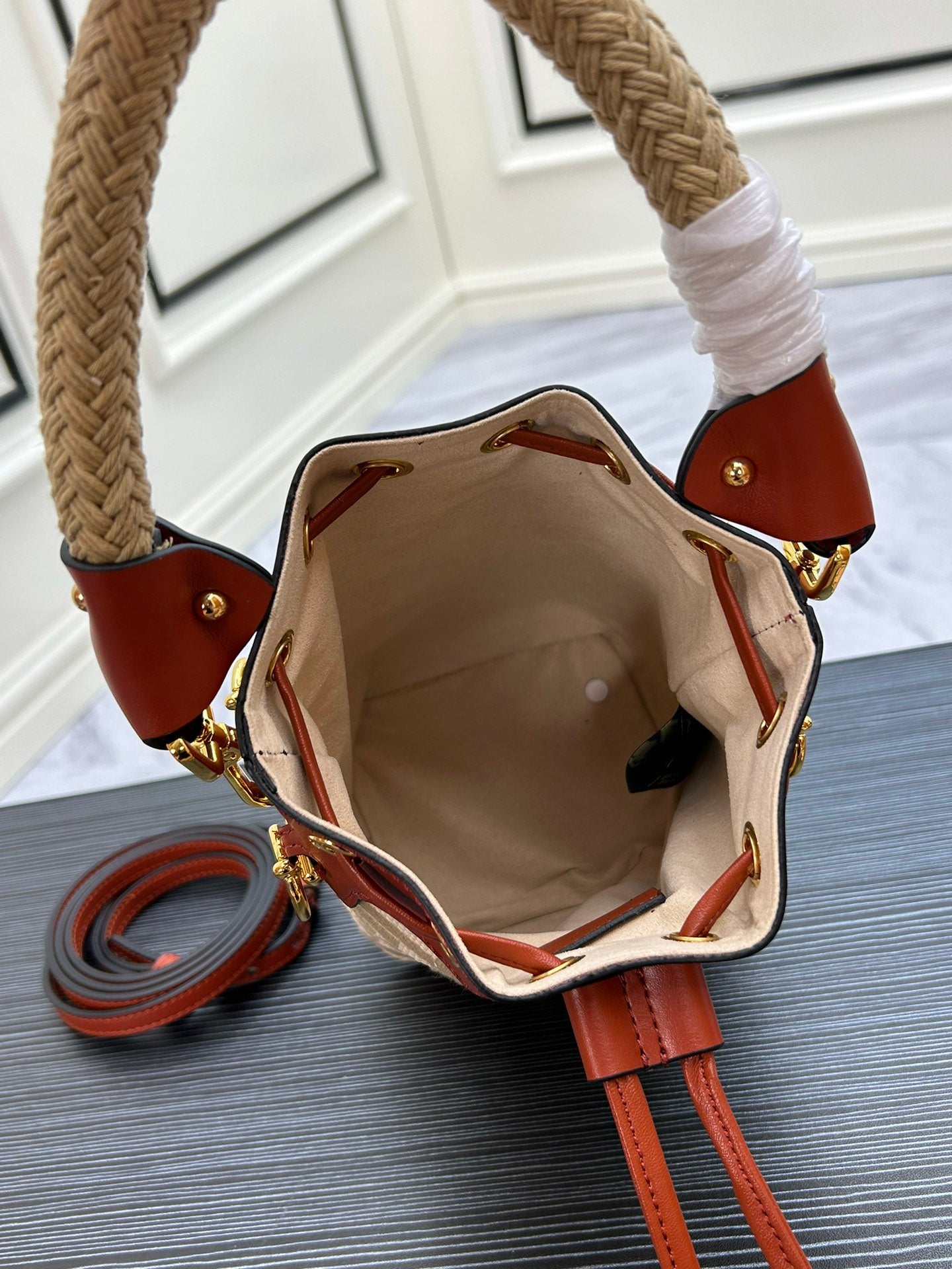 FF Logo Monogram Mini Bucket Bag with Drawstring and Top Handle - 18cm