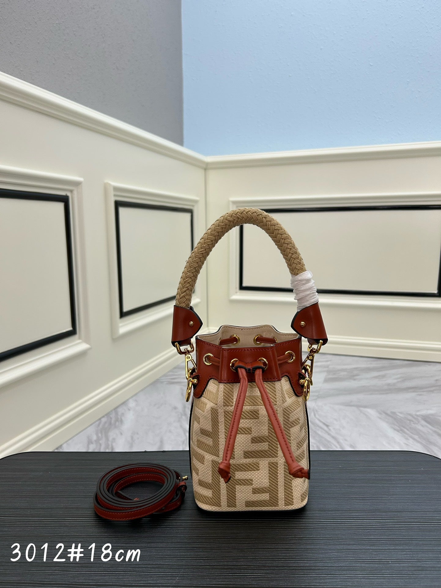 FF Logo Monogram Mini Bucket Bag with Drawstring and Top Handle - 18cm