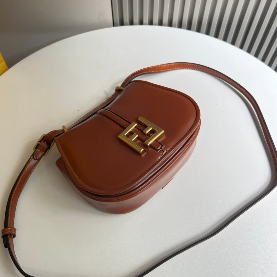 Fendi C'Mon Small Brown Leather Shoulder Bag with Gold FF Logo