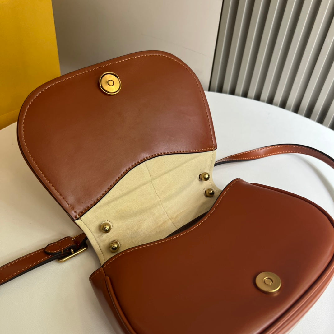 Fendi C'Mon Small Brown Leather Shoulder Bag with Gold FF Logo