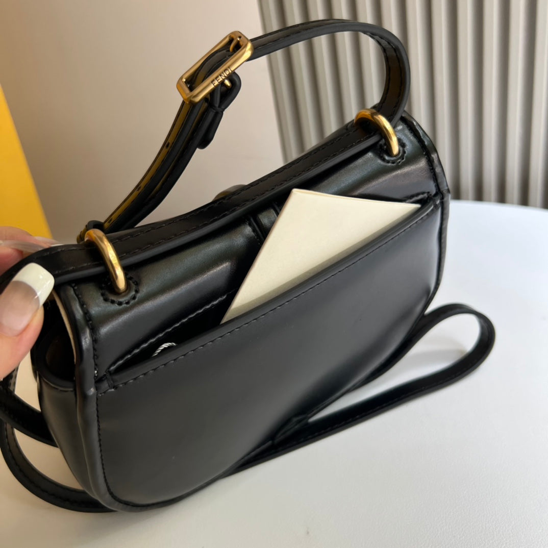 Fendi C'mon Small Black Leather Shoulder Bag with Gold Hardware