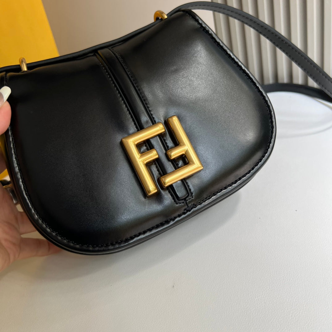 Fendi C'mon Small Black Leather Shoulder Bag with Gold Hardware