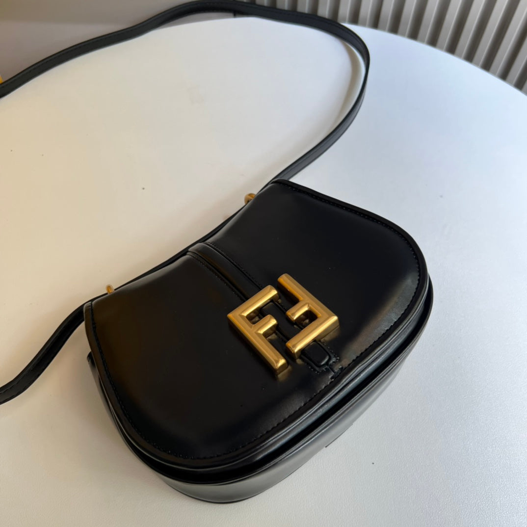 Fendi C'mon Small Black Leather Shoulder Bag with Gold FF Logo