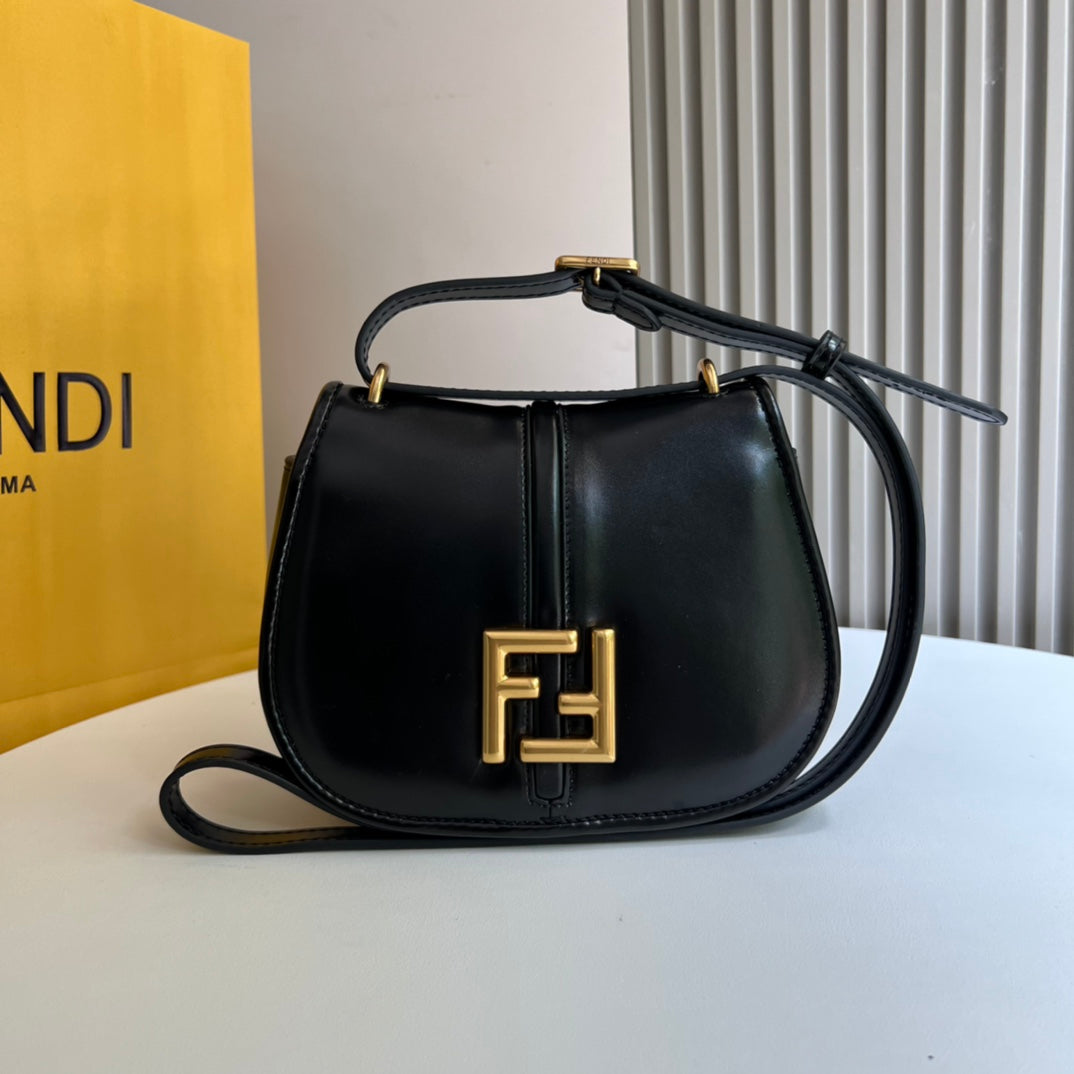 Fendi C'mon Small Black Leather Shoulder Bag with Gold FF Logo