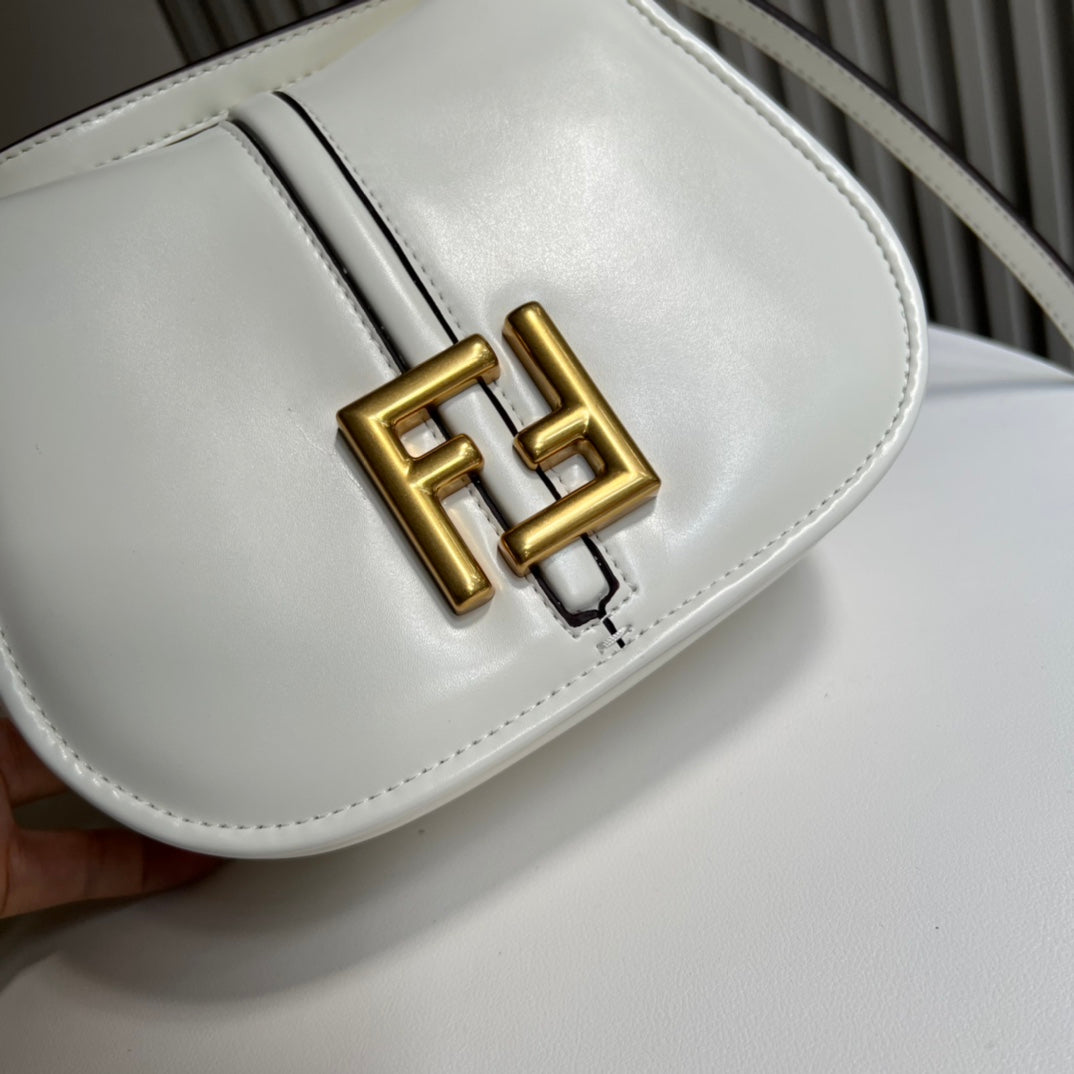 Fendi C'mon Small White Leather Shoulder Bag with Gold FF Logo