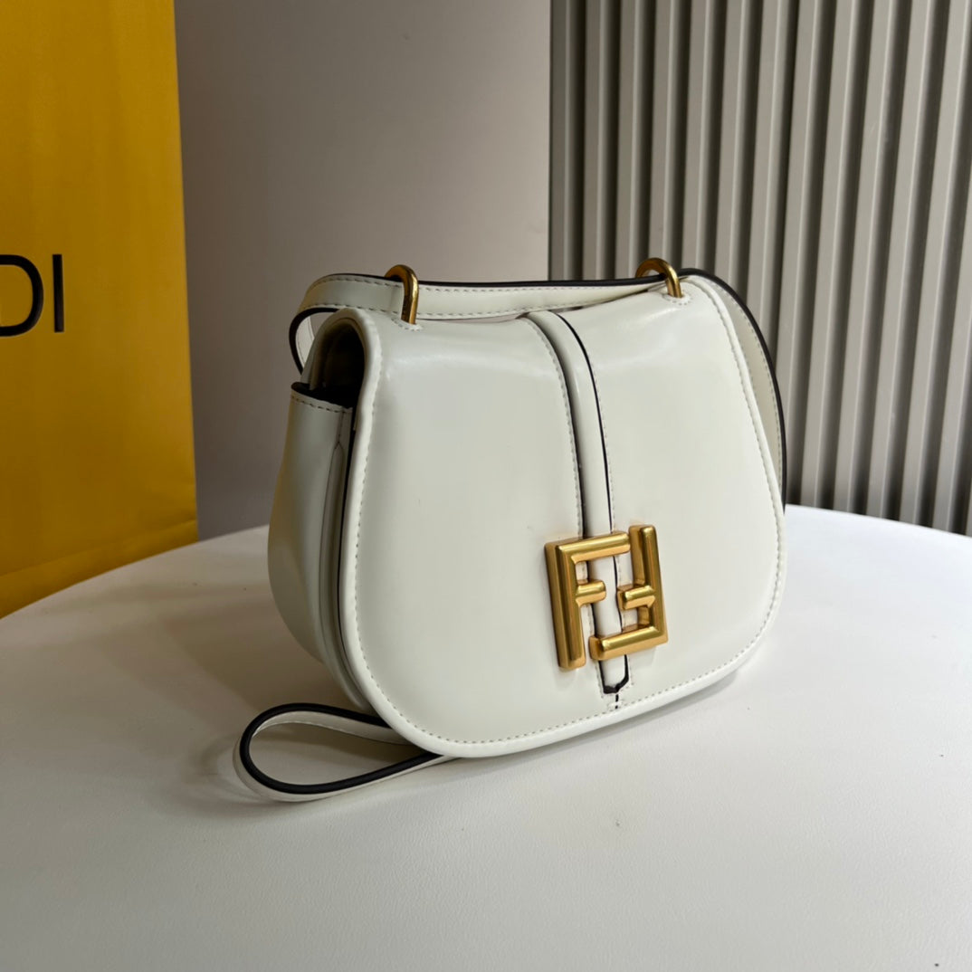 Fendi C'mon Small White Leather Shoulder Bag with Gold FF Logo