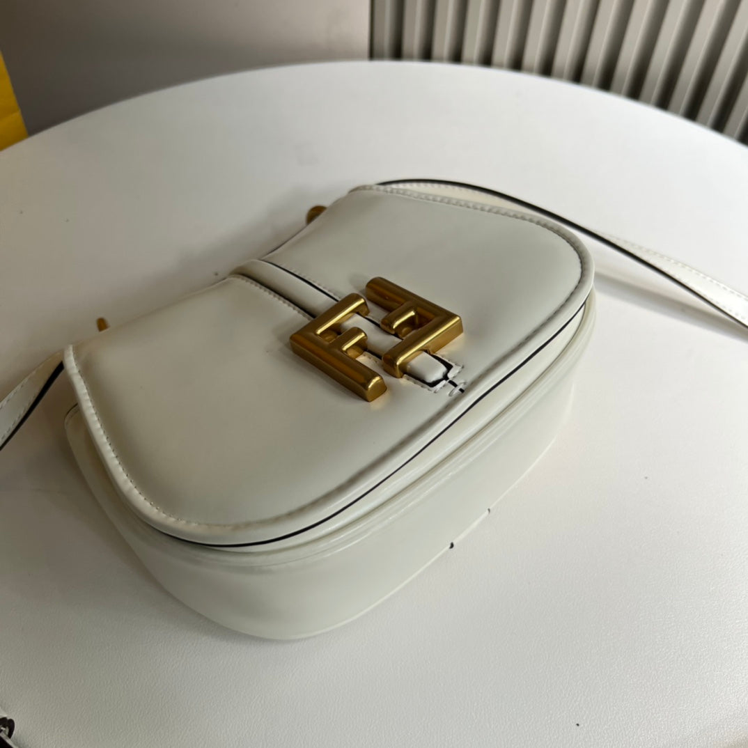 Fendi C'mon Small White Leather Shoulder Bag with Gold FF Logo