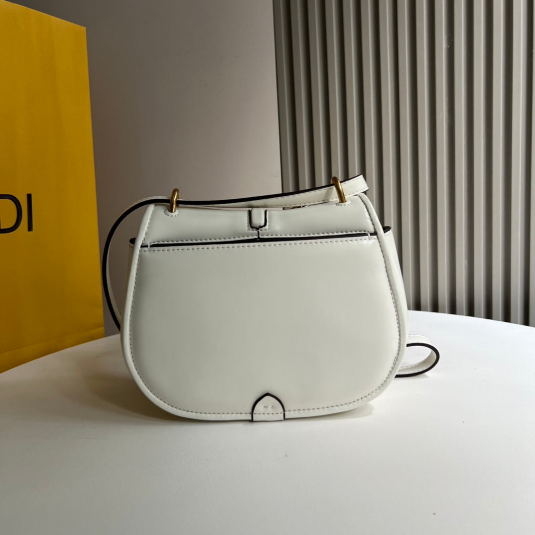 Fendi C'mon Small White Leather Shoulder Bag with Gold FF Logo