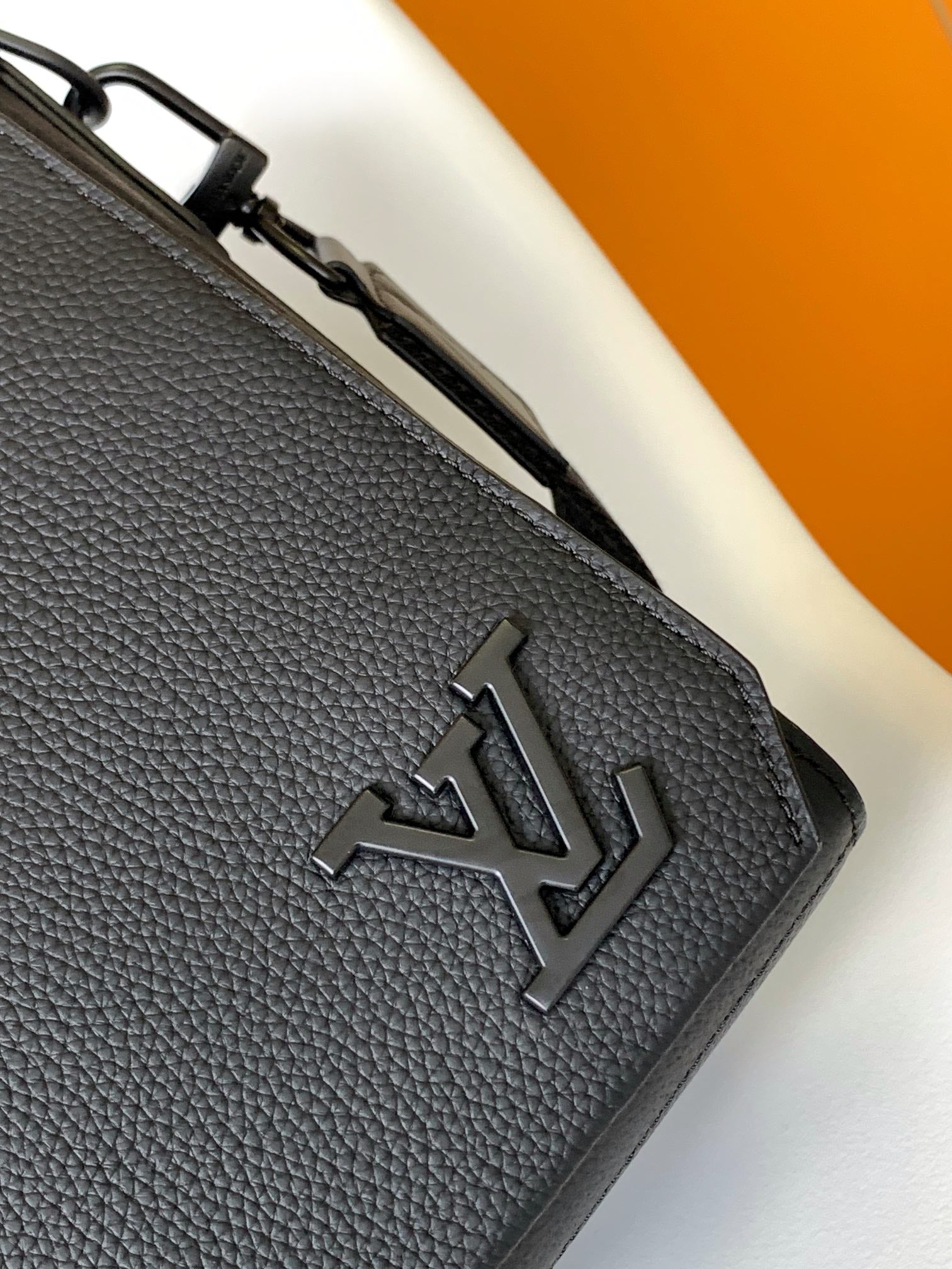 Louis Vuitton Men's Black Leather Messenger Bag - Adjustable Logo Crossbody Strap
