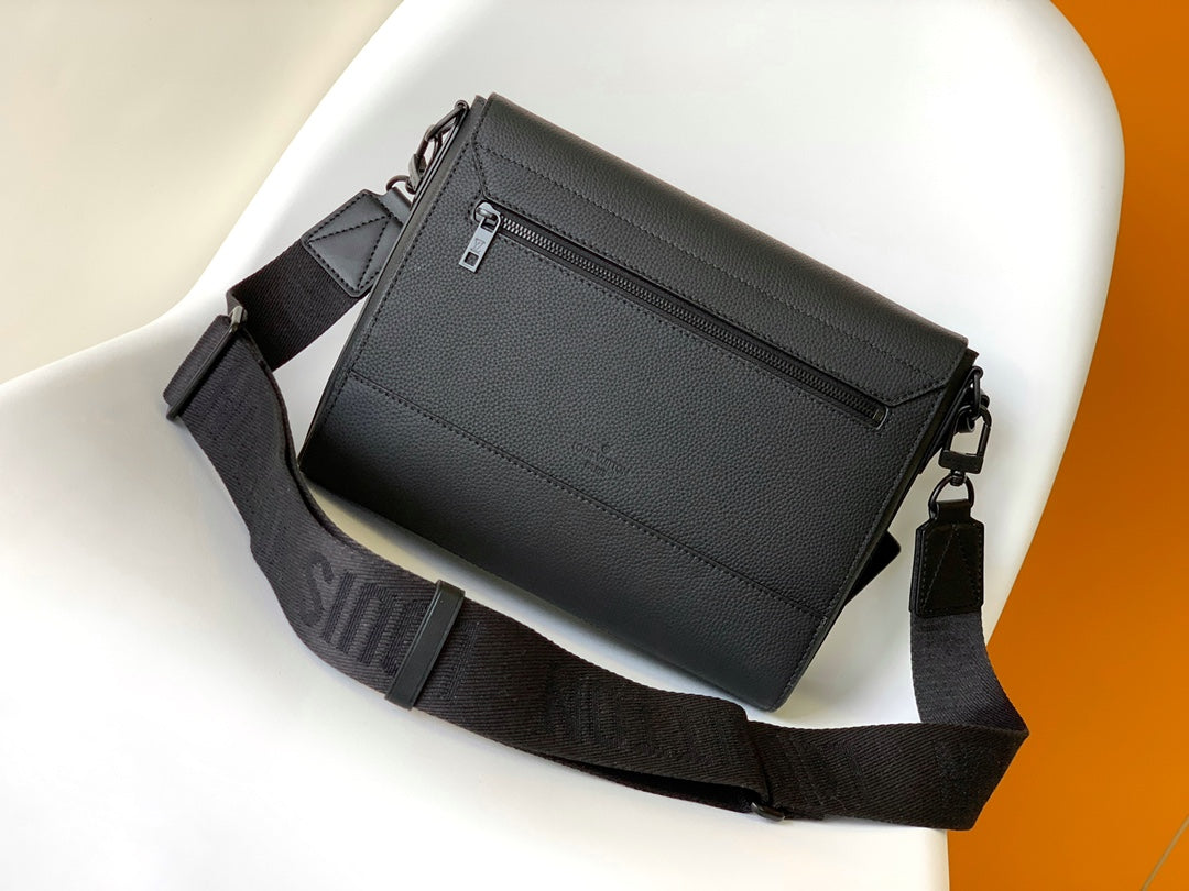 Louis Vuitton Men's Black Leather Messenger Bag - Adjustable Logo Crossbody Strap