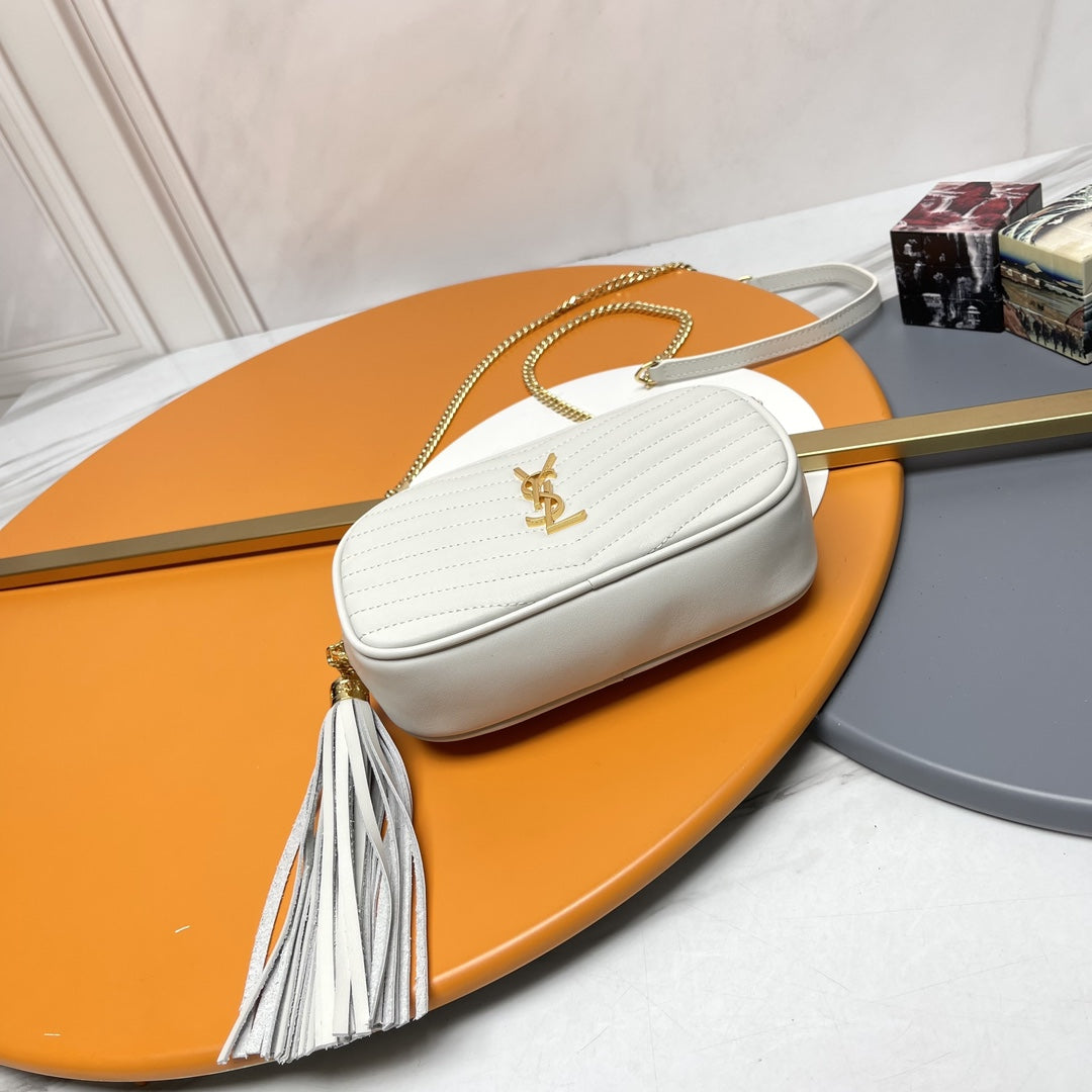 Saint Laurent Lou Mini Quilted Leather Camera Bag in White