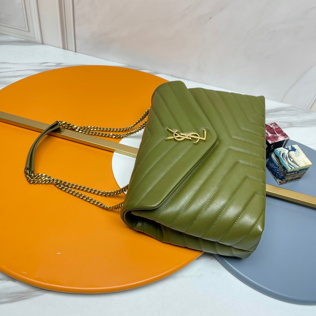 Saint Laurent Style Monogram Quilted Leather Shoulder Bag - Olive Green