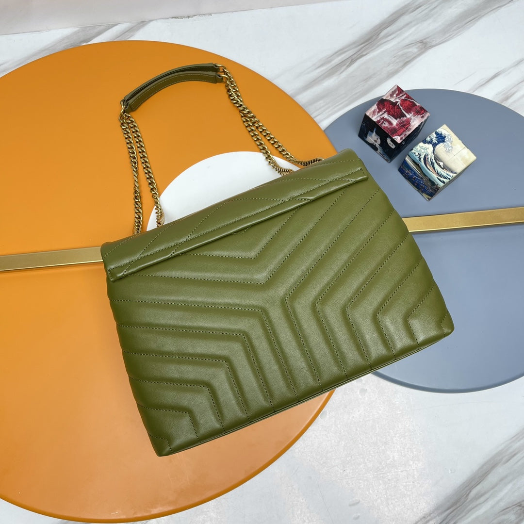 Saint Laurent Style Monogram Quilted Leather Shoulder Bag - Olive Green