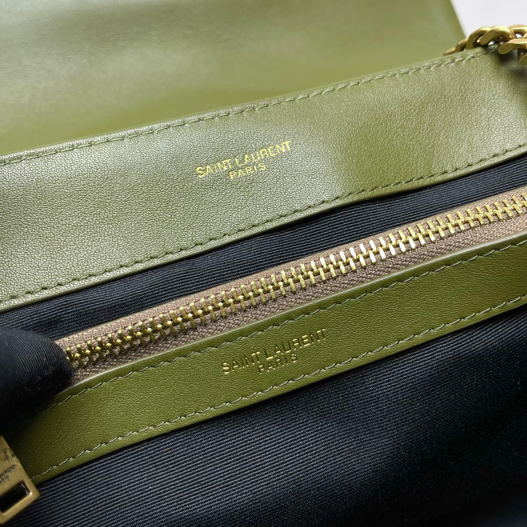 Saint Laurent Style Monogram Quilted Leather Shoulder Bag - Olive Green