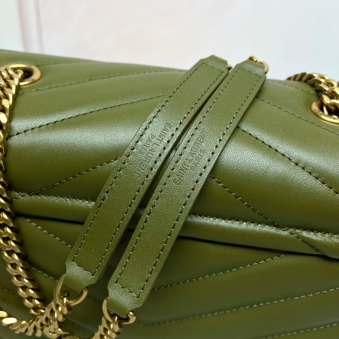 Saint Laurent Style Monogram Quilted Leather Shoulder Bag - Olive Green