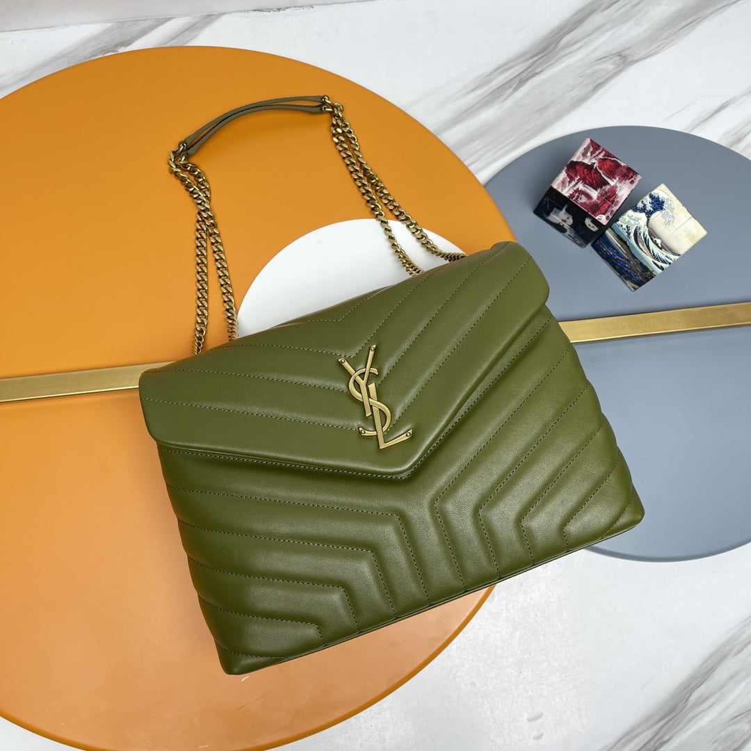 Saint Laurent Style Monogram Quilted Leather Shoulder Bag - Olive Green