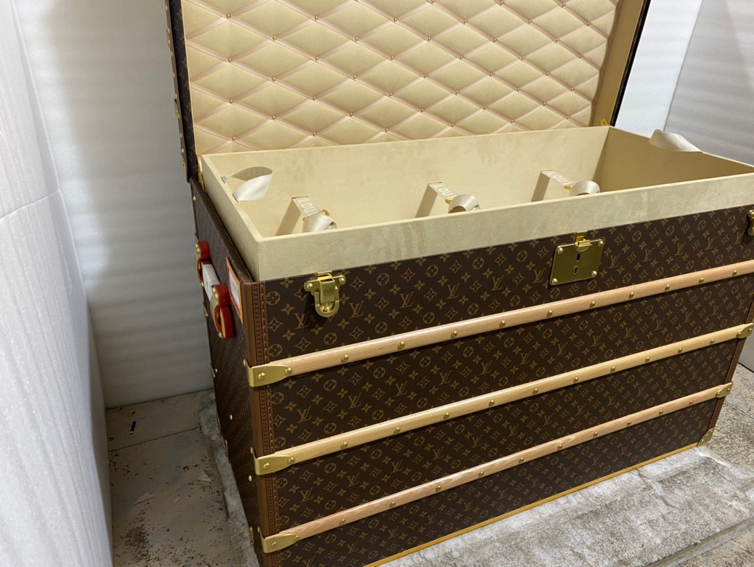 Vintage Monogram Pattern Steamer Trunk with Brass Hardware