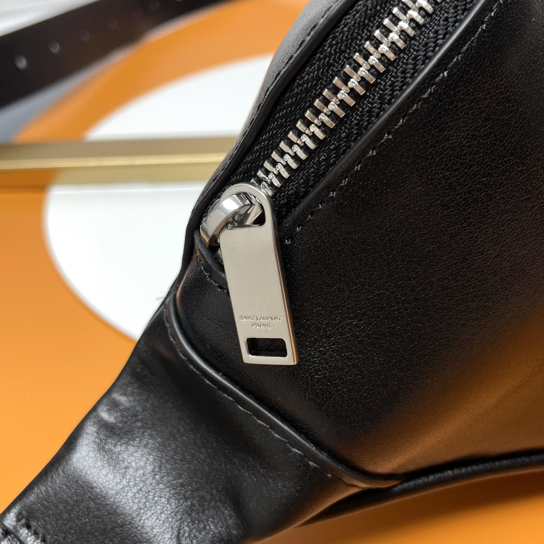 Saint Laurent Monogram Belt Bag in Shiny Black Leather with Silver Hardware