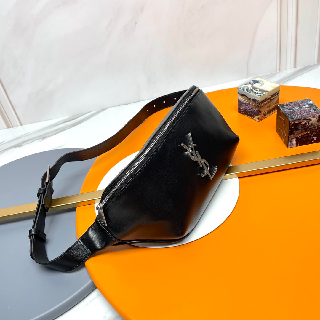 Saint Laurent Monogram Belt Bag in Shiny Black Leather with Silver Hardware