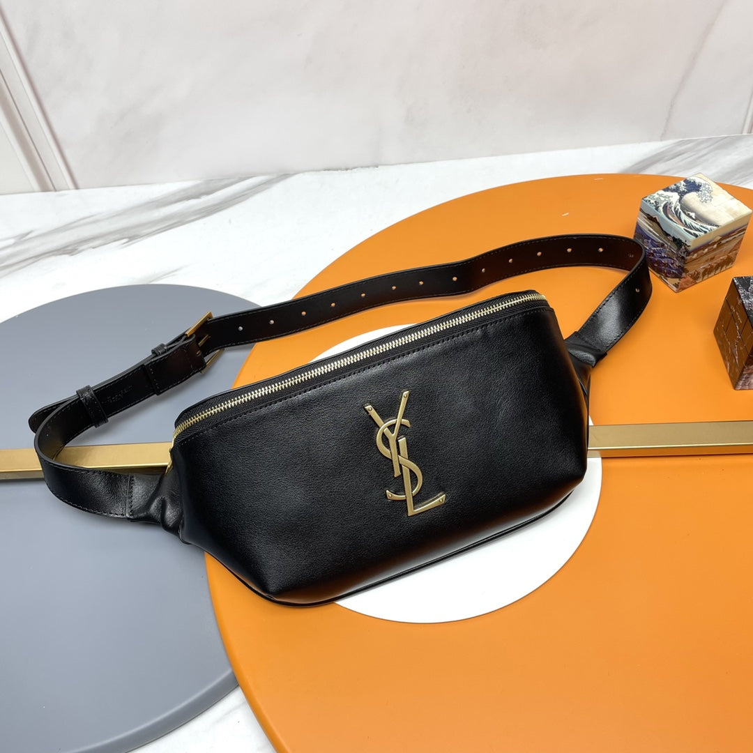 Saint Laurent Cassandre Leather Belt Bag - Black with Gold-Tone YSL Logo
