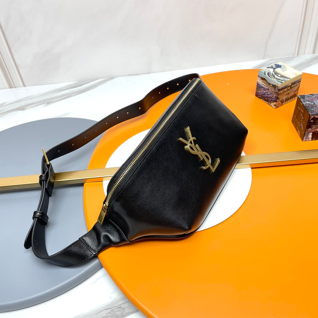 Saint Laurent Cassandre Leather Belt Bag - Black with Gold-Tone YSL Logo
