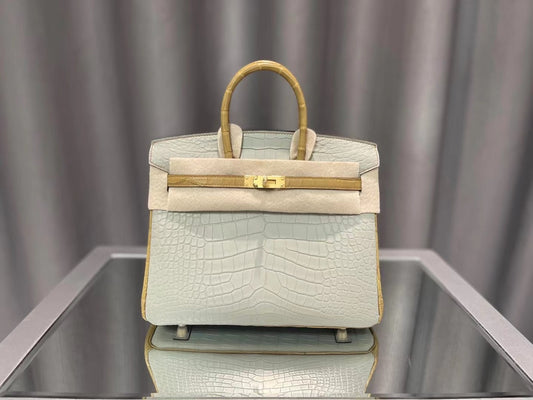 Exotic Crocodile Embossed Leather Top Handle Handbag - Elegant Off-White Luxury Tote with Gold Turn-Lock