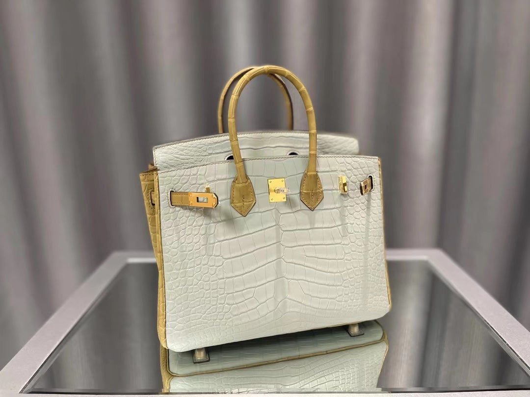 Exotic Crocodile Embossed Leather Top Handle Handbag - Elegant Off-White Luxury Tote with Gold Turn-Lock